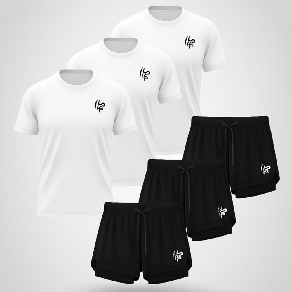 Kit 6 Peças Dryfit: 3 Camisas Brancas e 3 Shorts Pretos