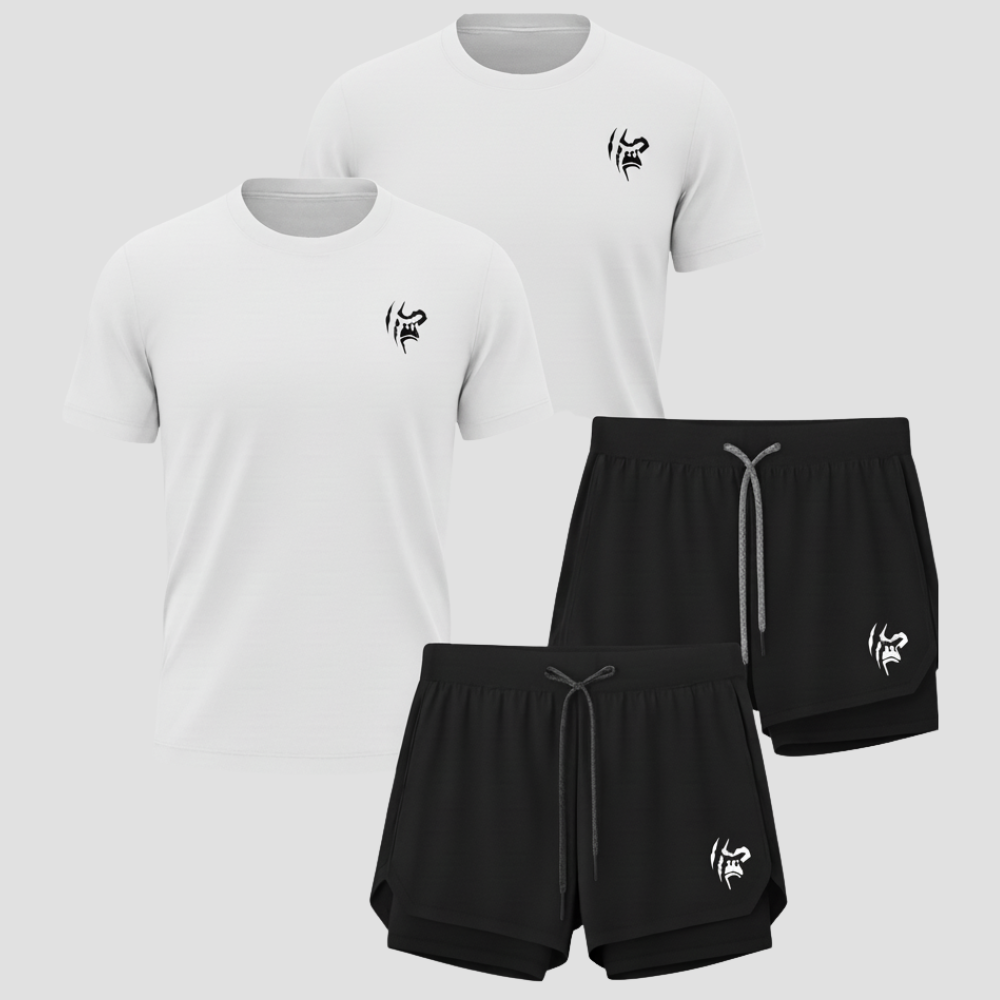 Kit 4 Peças Dryfit: 2 Camisas Brancas  e 2 Shorts Pretos